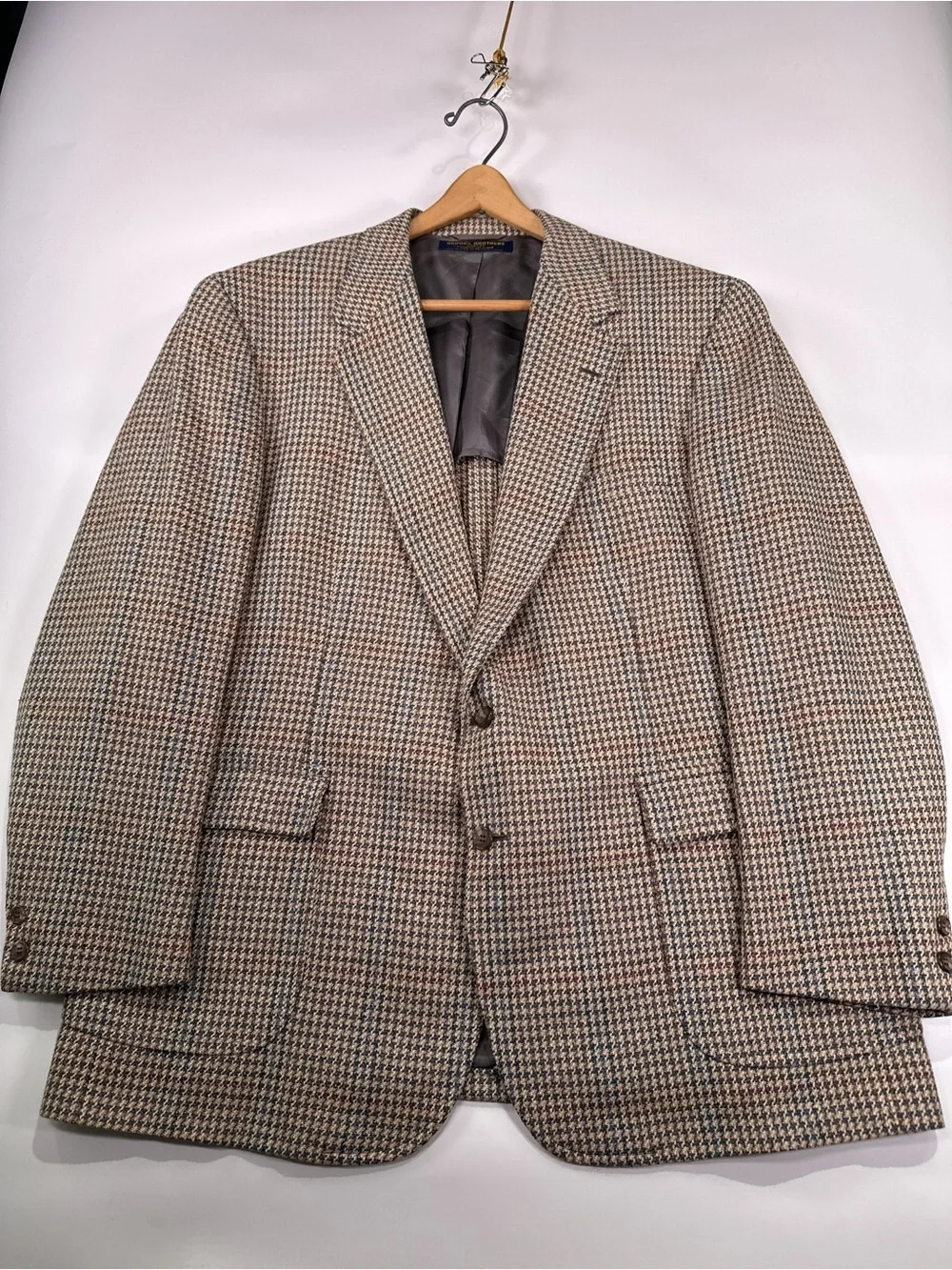 Brooks Brothers Blazer Vintage Silk Wool Houndstooth Plaid Brown Blue 46R